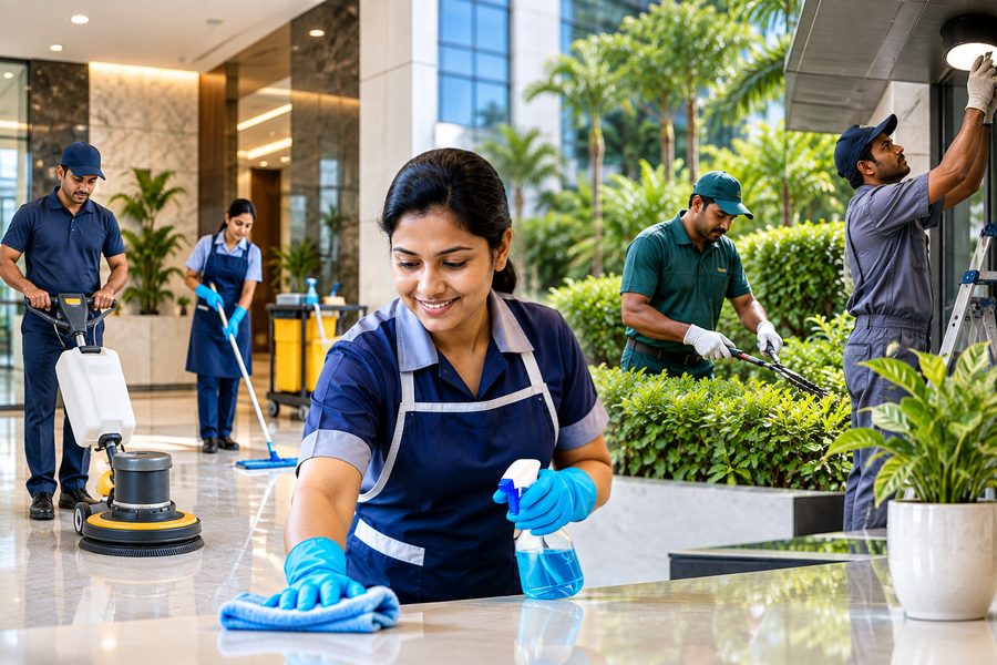 Sri Annamalayar facility management team — housekeeping and gardening staff